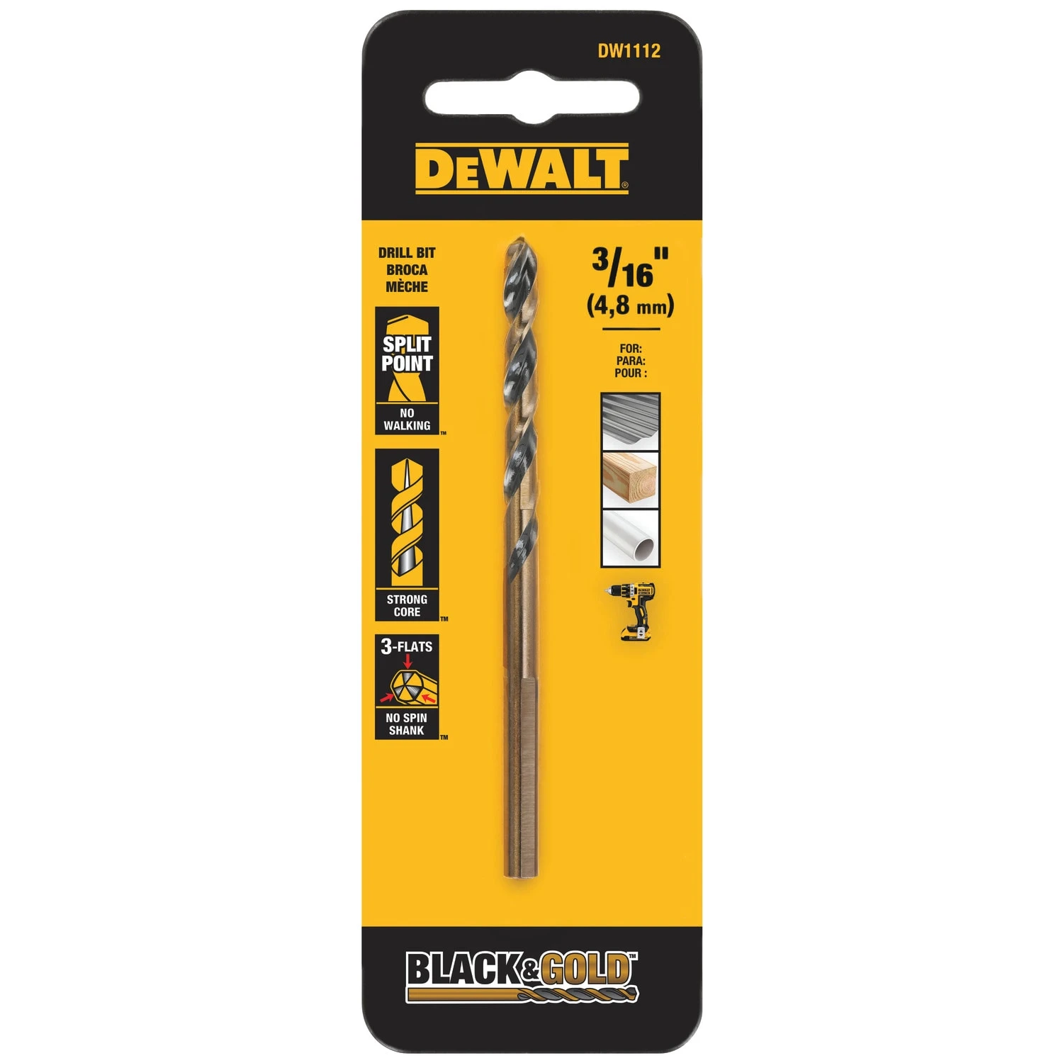 DEWALT 3/16-in X 3-9/16-in Black And Gold Coated HSS Jobber Length Twist Drill Bit 1 DEWALT 3/16-in X 3-9/16-in Black And Gold Coated HSS Jobber Length Twist Drill Bit -Dewalt Tool World 00722192
