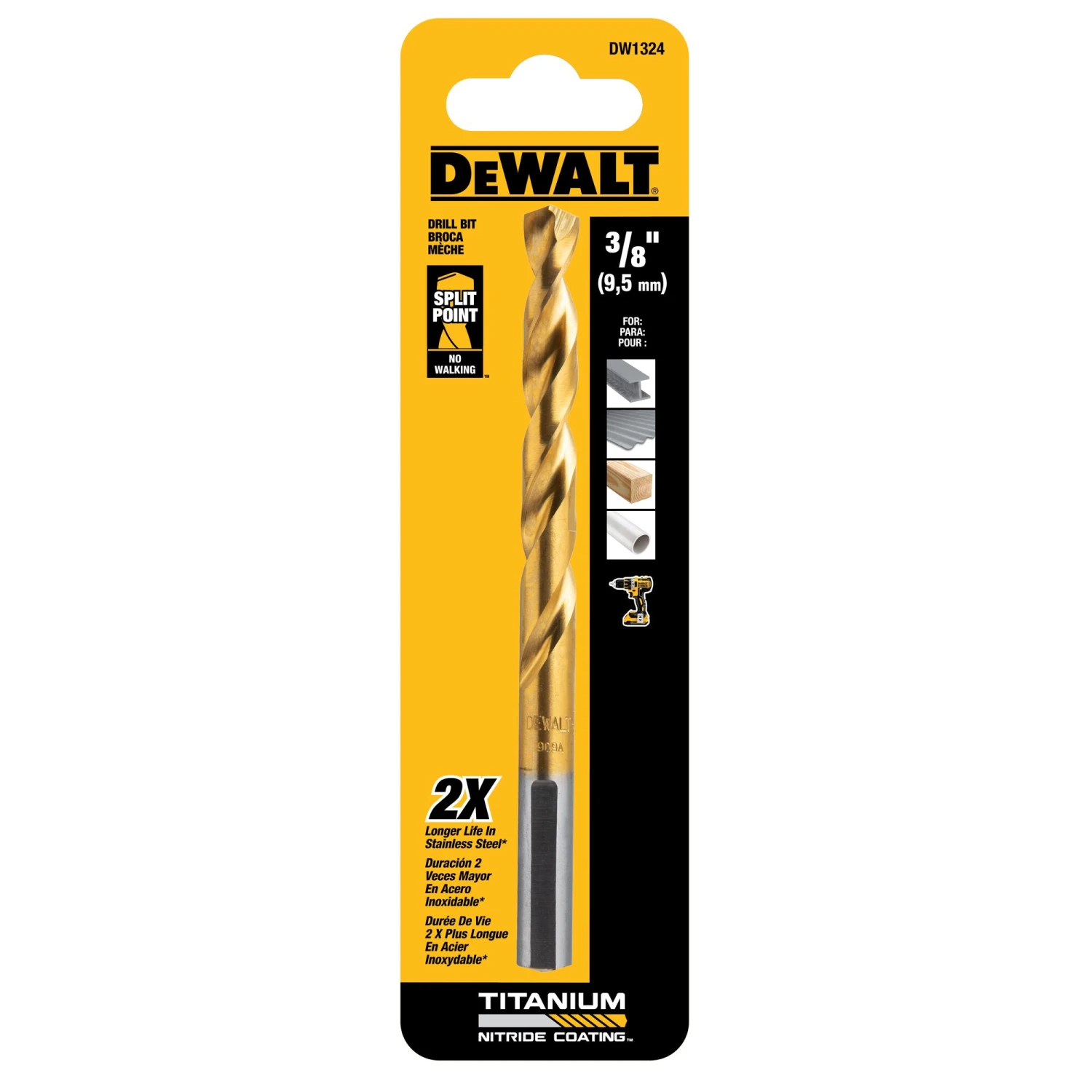 DEWALT 3/8-in X 5-7/8-in Titanium Nitride Coated HSS Jobber Length Twist Drill Bit 1 DEWALT 3/8-in X 5-7/8-in Titanium Nitride Coated HSS Jobber Length Twist Drill Bit -Dewalt Tool World 00722241
