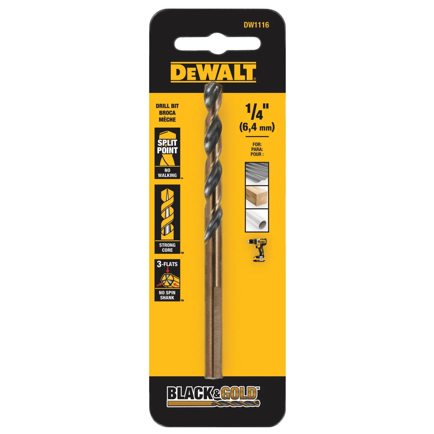 DEWALT 1/4-in X 4-1/16-in Black And Gold Coated HSS Jobber Length Twist Drill Bit 1 DEWALT 1/4-in X 4-1/16-in Black And Gold Coated HSS Jobber Length Twist Drill Bit -Dewalt Tool World 00723856