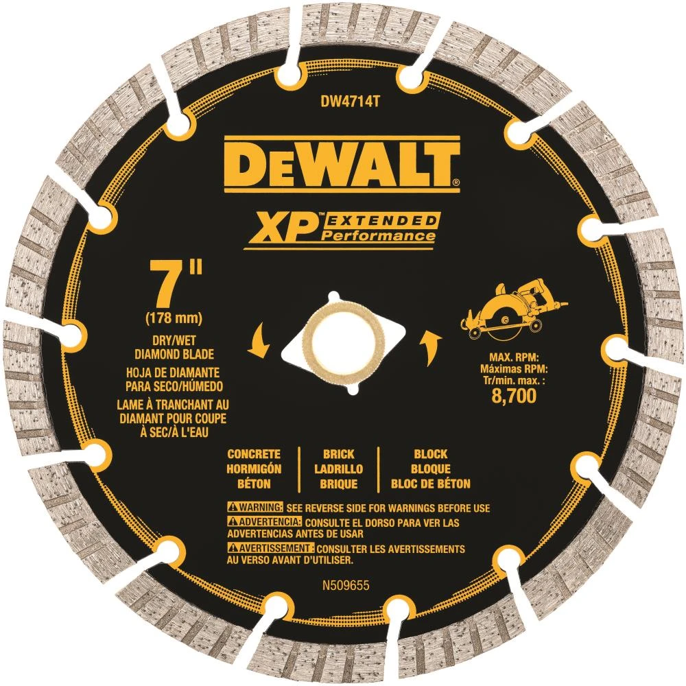 DEWALT XP 7-in Wet/Dry Segmented Turbo Rim Diamond Saw Blade 1 DEWALT XP 7-in Wet/Dry Segmented Turbo Rim Diamond Saw Blade -Dewalt Tool World 07985329