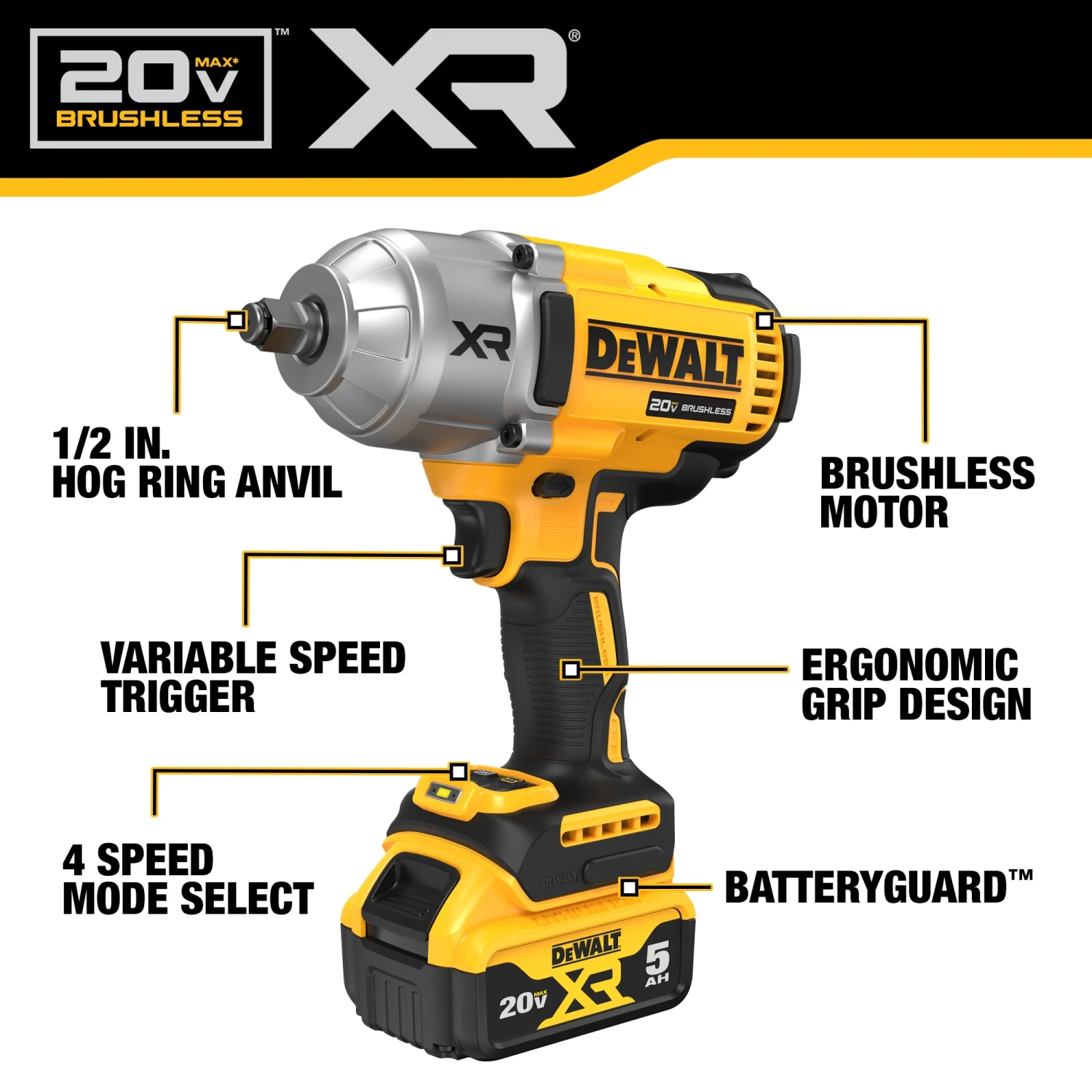 DEWALT XR 20-volt Max Variable Speed Brushless 1/2-in Drive Cordless Impact Wrench (Battery Included And Charger Included) 4 DEWALT XR 20-volt Max Variable Speed Brushless 1/2-in Drive Cordless Impact Wrench (Battery Included And Charger Included) -Dewalt Tool World 50242373