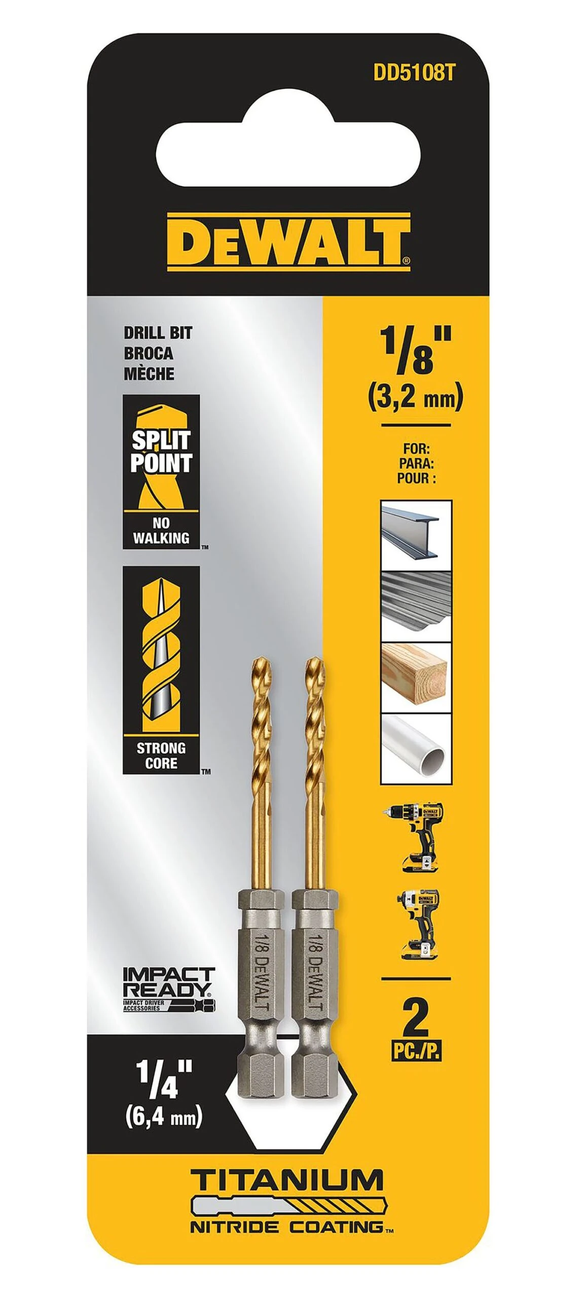DEWALT 2 -Piece 1/8-in X 2-5/8-in Titanium Nitride Coated HSS Jobber Length Twist Drill Bit 2 DEWALT 2 -Piece 1/8-in X 2-5/8-in Titanium Nitride Coated HSS Jobber Length Twist Drill Bit -Dewalt Tool World 65964701 scaled