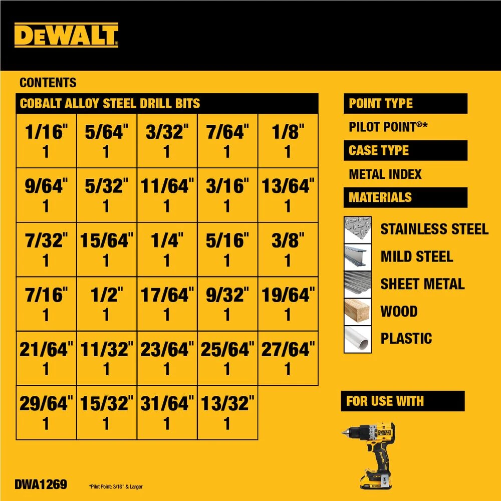 DEWALT 14 -Piece Assorted X Cobalt Alloy Steel Jobber Length Twist Drill Bit Set 2 DEWALT 14 -Piece Assorted X Cobalt Alloy Steel Jobber Length Twist Drill Bit Set -Dewalt Tool World 68681195