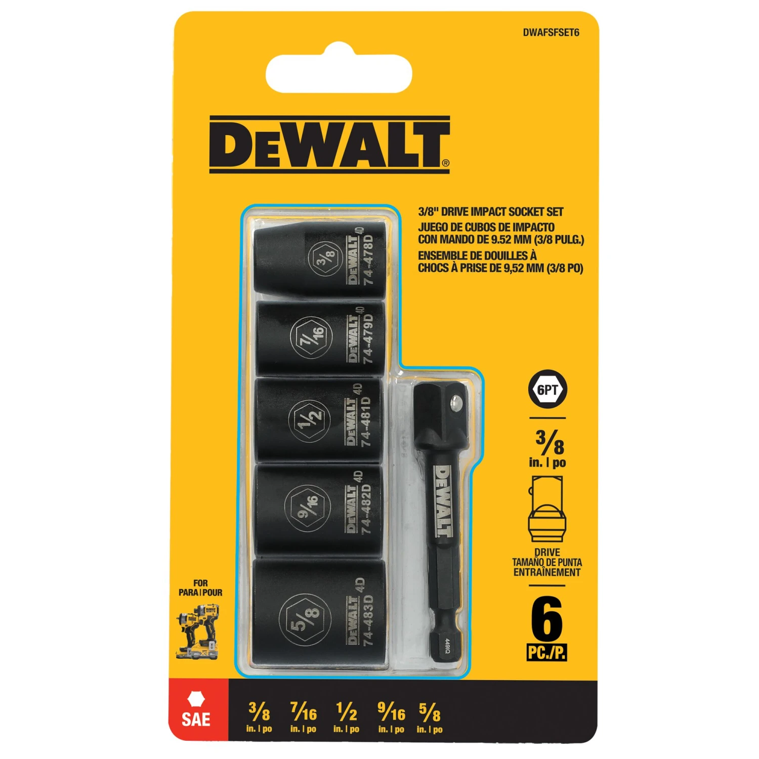 DEWALT 6 -Piece Standard (SAE) 3/8-in Drive Set 6-point Impact Socket Set 2 DEWALT 6 -Piece Standard (SAE) 3/8-in Drive Set 6-point Impact Socket Set -Dewalt Tool World 71919881